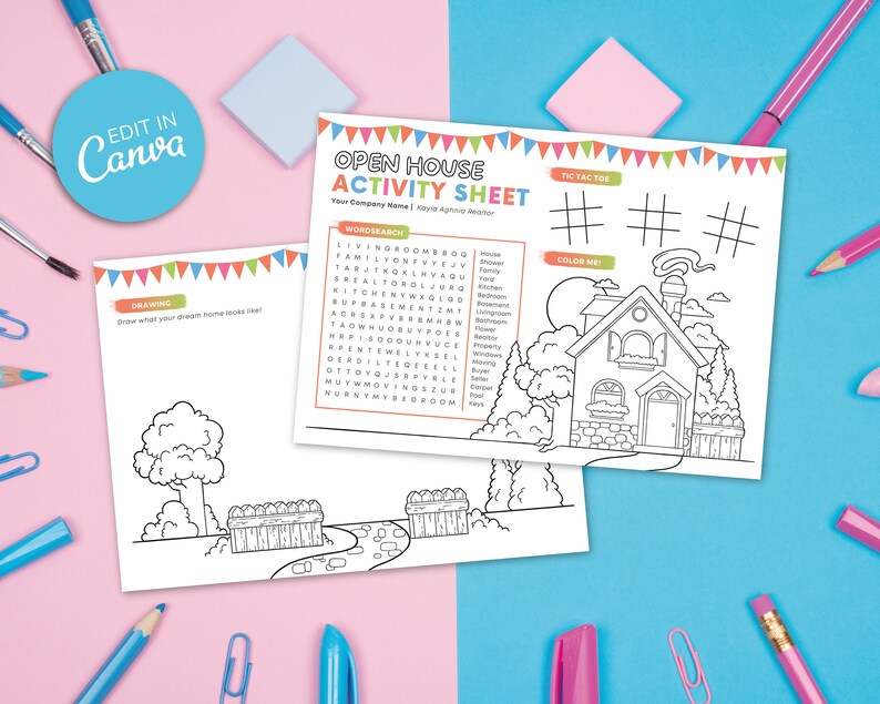 May include: A printable open house activity sheet with a word search, tic-tac-toe game, and a coloring page of a house. The word search includes words related to home features like living room, kitchen, and yard. The tic-tac-toe game has a house theme. The coloring page is of a simple house with a chimney and a yard.