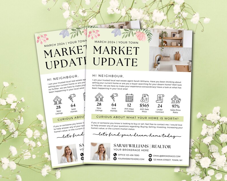 May include: A real estate market update flyer with a floral design. The flyer includes statistics about the local real estate market, such as the number of new listings, sold homes, average days on market, average sale price, and the sales price ratio. The flyer also includes a photo of a real estate agent and contact information.