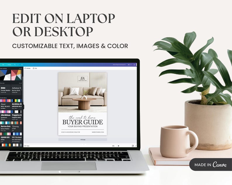 K&ouml;nnte beinhalten: Ein Laptop, der eine Vorlage f&uuml;r einen Einkaufsf&uuml;hrer mit dem Text "EDIT ON LAPTOP OR DESKTOP" und "CUSTOMIZABLE TEXT, IMAGES & COLOR" anzeigt. Eine beige Tasse, eine Pflanze in einem beigen Topf und ein Notizbuch liegen auf dem Tisch.