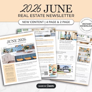 以下が含まれることがあります： 2026年6月の不動産ニュースレターの束。タイトルは「Real Estate Newsletter」で、住宅購入、市場動向、引っ越しに関する記事が掲載されています。デザインには画像とテキストが使用されています。