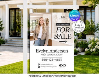 Real Estate For Sale Yard Sign | Open House Directional Sign | Real Estate Sold Sign | Property Sign | Editable Realtor Canva Template
