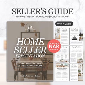 May include: A digital Seller's Guide with the title "Seller's Guide" and the text "Home Seller Presentation". The guide includes bonus templates and is updated for NAR settlement. The guide is a complete guide to selling your home.