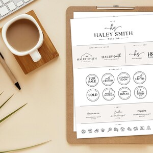 May include: A black and white branding guide for a real estate agent named Haley Smith. The guide includes a logo, alternative logos, watermarks, fonts, and icons. The logo features the initials "hs" in a handwritten font.