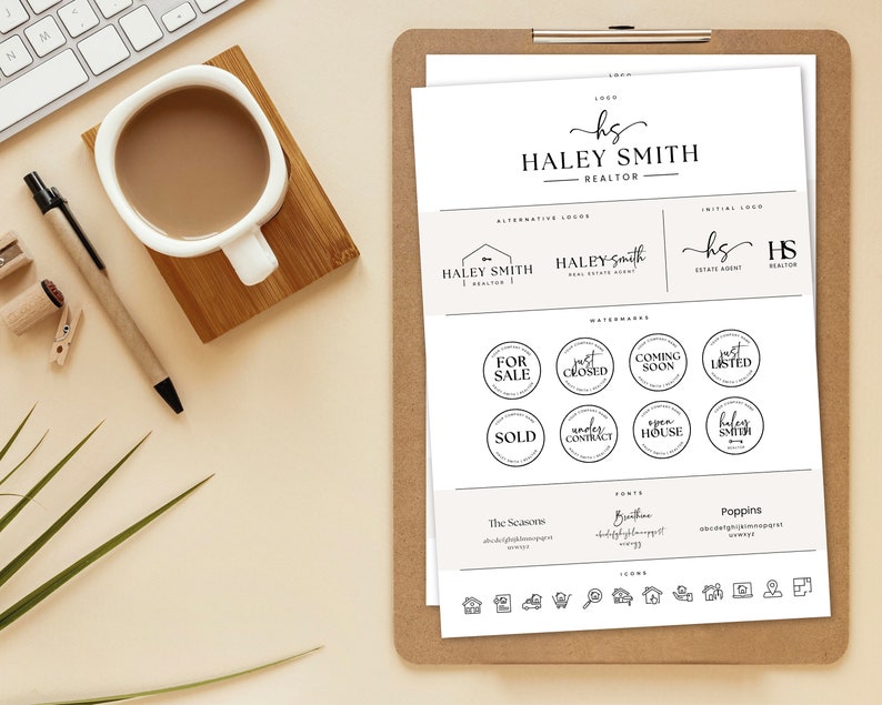 May include: A black and white branding guide for a real estate agent named Haley Smith. The guide includes a logo, alternative logos, watermarks, fonts, and icons. The logo features the initials "hs" in a handwritten font.