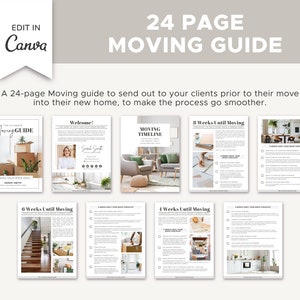 May include: A 24-page moving guide with a checklist for each stage of the moving process. The guide includes a welcome page, a moving timeline, and checklists for 8 weeks, 6 weeks, and 4 weeks until moving. The guide is designed to help clients prepare for their move and make the process smoother.