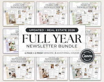 2026 Real Estate Newsletter Template Bundle | Full Year Newsletter Marketing Bundle | Real Estate Mailer Bundle | Editable Canva Templates