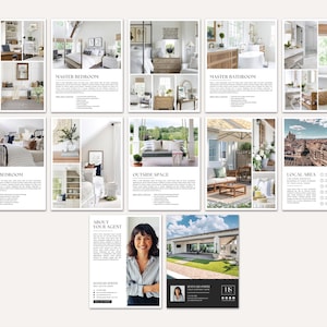 May include: A collection of interior design and real estate marketing materials. The images showcase various rooms, including bedrooms, bathrooms, and outdoor spaces. Each image includes text descriptions and design elements, with a focus on a clean, modern aesthetic.