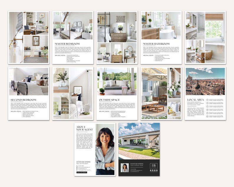 May include: A collection of interior design and real estate marketing materials. The images showcase various rooms, including bedrooms, bathrooms, and outdoor spaces. Each image includes text descriptions and design elements, with a focus on a clean, modern aesthetic.
