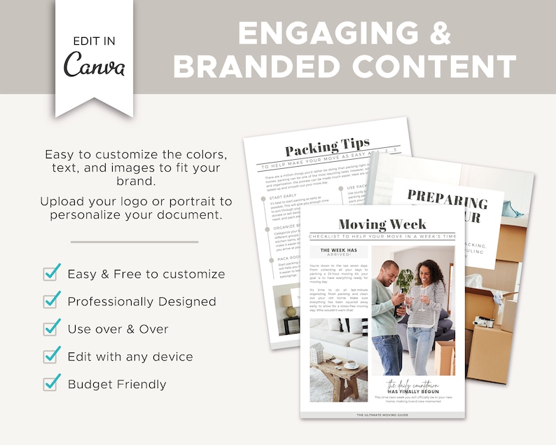 May include: A checklist for moving week with a couple packing boxes and a checklist titled "Moving Week: Checklist to Help Your Move in a Week's Time". The checklist includes tips for packing, organizing, and preparing for a move. The text "The Week Has Arrived" is also included.