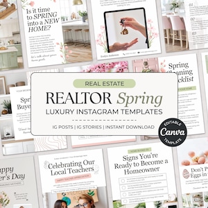 Puede incluir: Un conjunto de plantillas de Instagram Realtor Spring con una estética luminosa. Las plantillas presentan acentos florales, colores pastel y texto como "Is it time to SPRING into a NEW HOME?" y "Happy Mother's Day". Las plantillas son editables en Canva.