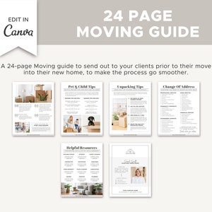 May include: A 24-page moving guide with tips for pets and children, unpacking, change of address, and helpful resources. The guide is designed to help clients prepare for their move and make the process smoother.