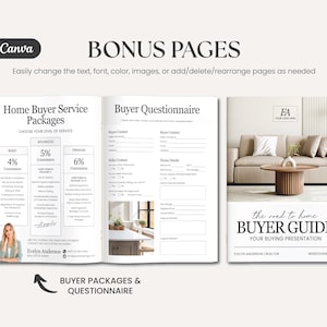 K&ouml;nnte beinhalten: Eine Brosch&uuml;renseite mit dem Text "Bonusseiten" und "Home Buyer Service Packages". Die Brosch&uuml;re enth&auml;lt einen Fragebogen f&uuml;r K&auml;ufer und einen Umschlag mit dem Text "The Road to Home Buyer Guide". Das Farbschema ist neutral.