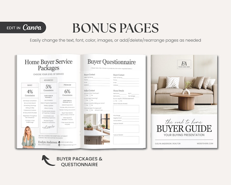 K&ouml;nnte beinhalten: Eine Brosch&uuml;renseite mit dem Text "Bonusseiten" und "Home Buyer Service Packages". Die Brosch&uuml;re enth&auml;lt einen Fragebogen f&uuml;r K&auml;ufer und einen Umschlag mit dem Text "The Road to Home Buyer Guide". Das Farbschema ist neutral.