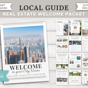 May include: A welcome guide for a new resident to a city. The guide includes information on local living, annual events, school districts, health care, transportation, things to do, places to eat, housing options, local parks, and working with a real estate agent. The guide is made with Canva.