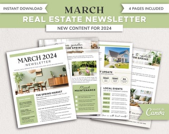 Real Estate March 2024 Newsletter | Real Estate Marketing | Real Estate Newsletter | Email Marketing | Canva Template | Printable