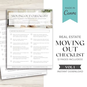 May include: A checklist for moving out of a house. The checklist is divided into two sections: "What to do" and "Before you move out". The checklist includes tasks such as scheduling internet and TV service, decluttering, updating addresses, and notifying schools and work of your new address. The checklist also includes a section for "Real Estate Moving Out Checklist (2 pages included)" and "Vol 1 Instant Download".