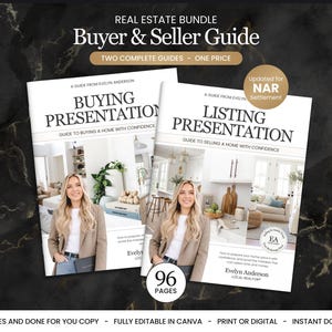May include: A real estate bundle featuring two guides titled Buying Presentation and Listing Presentation. Each cover displays a photo of a person, the text A Guide From Evelyn Anderson, and the note Updated for NAR Settlement. The bundle includes 96 pages.