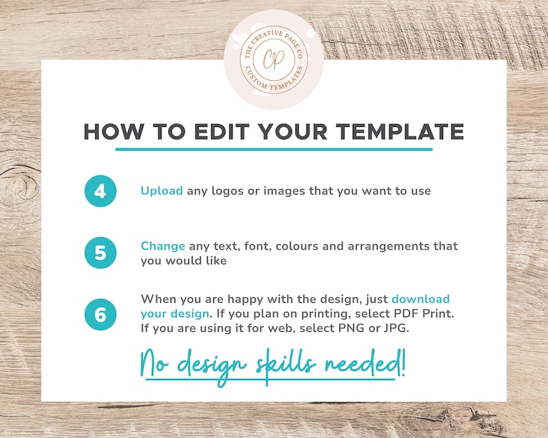 May include: A white and blue graphic with instructions on how to edit a template. The graphic includes the text "How to Edit Your Template" and numbered steps with instructions. The graphic also includes the text "No design skills needed!"