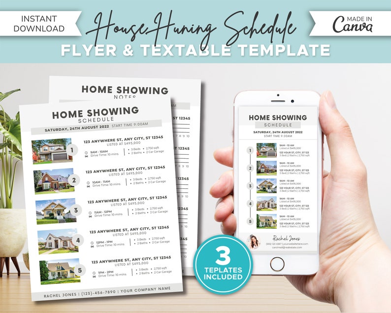 May include: A printable house hunting schedule template with a black and white design. The template includes a list of homes to view, their addresses, and the time of the showing. The template is designed to be used on a phone or tablet. The text on the template reads "Home Showing Schedule" and "Saturday, 24th August 2022".