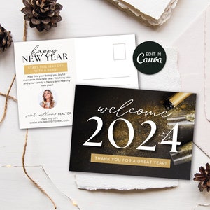 Carte Immobilière Nouvel An | Marketing immobilier | postale du nouvel an | Agriculture de vacances d'agent immobilier | Nouvel An 2024 | Modèle de toile