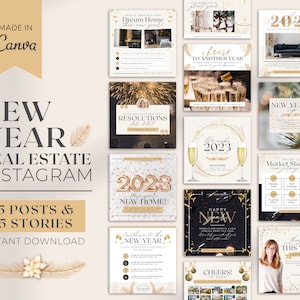 May include: A collection of 15 Instagram posts and 15 stories templates for real estate, with a New Year theme. The templates feature gold and black accents, champagne glasses, and the text "New Year" and "2023". The templates are made in Canva.