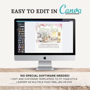 May include: A computer screen displaying a Canva design template for a real estate agent. The template features a floral design with the text "Welcome Spring" and "Looking to find your new home?" The template also includes a photo of a living room and the text "Spring into the new season".