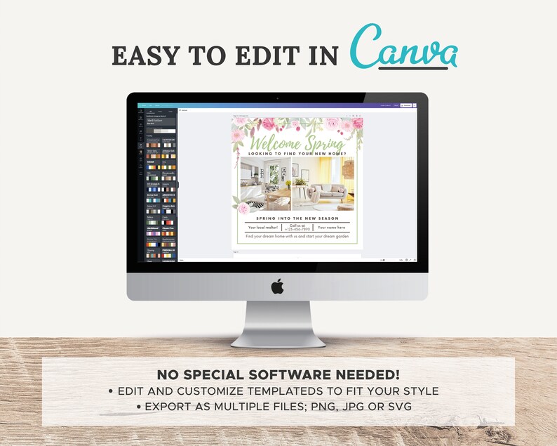 May include: A computer screen displaying a Canva design template for a real estate agent. The template features a floral design with the text "Welcome Spring" and "Looking to find your new home?" The template also includes a photo of a living room and the text "Spring into the new season".