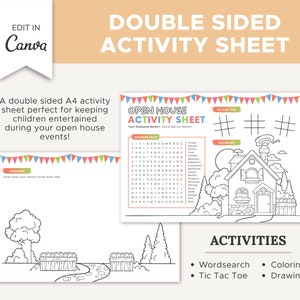 May include: A double-sided A4 activity sheet with a word search, tic-tac-toe game, coloring page, and drawing space. The sheet features a house theme with a colorful border of flags. The text "OPEN HOUSE ACTIVITY SHEET" is at the top of the sheet.
