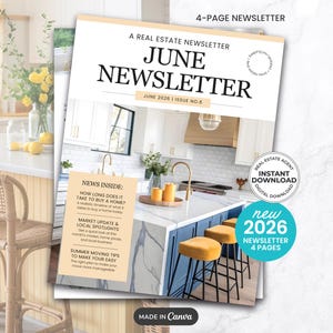 Może przedstawiać: Biuletyn nieruchomości zatytułowany "June Newsletter" z tekstem "June 2026 Issue No. 6". Biuletyn zawiera tekst "News Inside" i "Instant Download". Tło przedstawia kuchnię z marmurowym blatem i żółtymi stołkami barowymi.