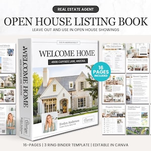 May include: A white 3-ring binder titled "WELCOME HOME" for real estate open house showings. The binder features a house image and the text "4608 Cliffside Lane, Arizona." The binder includes 16 pages and is editable in Canva.
