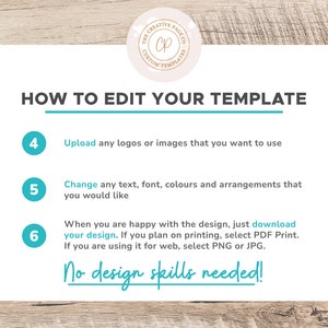 May include: A white sheet with instructions on how to edit a template. The instructions are numbered 4, 5, and 6. The text says "Upload any logos or images that you want to use", "Change any text, font, colors and arrangements that you would like", and "When you are happy with the design, just download your design. If you plan on printing, select PDF Print. If you are using it for web, select PNG or JPG. No design skills needed!"