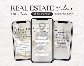Op de afbeelding: Drie telefoon-schermmockups met vastgoedtips. Het eerste scherm zegt "Dingen om te overwegen voordat je een nieuw huis koopt" met een checklist van tips. Het tweede scherm zegt "Waarom een ​​voorlopige goedkeuring voor een hypotheek krijgen" met een lijst van voordelen. Het derde scherm zegt "Thuis is waar je verhaal begint" met een citaat over het helpen van mensen om hun reis naar huiseigenaar te beginnen.