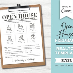 Puede incluir: Un formulario de retroalimentación de casa abierta para agentes inmobiliarios, imprimible en blanco y negro. El formulario incluye una escala de calificación para características como dormitorios, baños, cocina, atractivo de la acera y valor. También solicita información de contacto, cómo el comprador se enteró de la casa y si está preaprobado para una hipoteca. El formulario termina con una sección para comentarios sobre las partes favoritas y menos favoritas de la casa.
