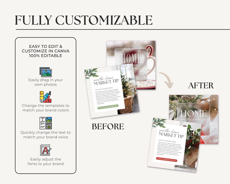 May include: A before and after image showing how to customise a social media post template. The before image shows a white card with the text "winter home market tip" and a photo of a basket with greenery. The after image shows the same card with a photo of a red berry branch and the text "HOME" in a white box.