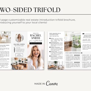May include: A two-sided trifold brochure for a real estate agent. The front side features a photo of the agent and her contact information. The back side includes information about the agent's services and past client testimonials. The brochure is designed in a modern style with a white background and black text.