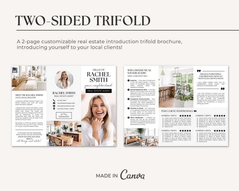 May include: A two-sided trifold brochure for a real estate agent. The front side features a photo of the agent and her contact information. The back side includes information about the agent's services and past client testimonials. The brochure is designed in a modern style with a white background and black text.