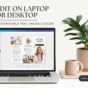 May include: A laptop computer screen displaying a real estate agent's business card template in Canva. The template features a photo of the agent, her name, and the text "Hello from your neighborhood real estate agent".