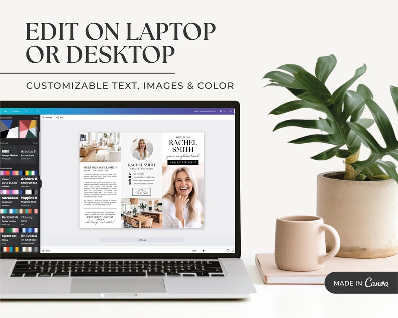 May include: A laptop computer screen displaying a real estate agent's business card template in Canva. The template features a photo of the agent, her name, and the text "Hello from your neighborhood real estate agent".