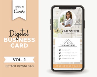 May include: A digital business card template for a real estate agent. The template features a photo of the agent, a house icon, contact information, and the text "Aliyah Smith, Real Estate Agent".