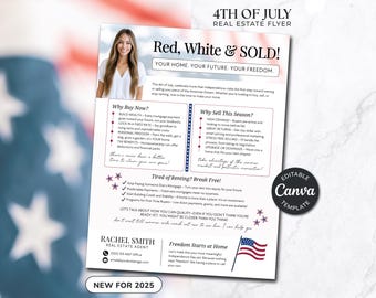 Folleto de Bienes Raíces para el 4 de Julio / Folleto de Introducción / Marketing de Bienes Raíces / Folleto de Compra y Venta / Bienes Raíces de Verano / Canva para Agentes Inmobiliarios