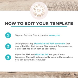 May include: A turquoise and white graphic with three numbered steps on how to edit a template. Step 1: Sign up for a free account at canva.com. Step 2: Download the PDF document. Step 3: Open the PDF and click the link.