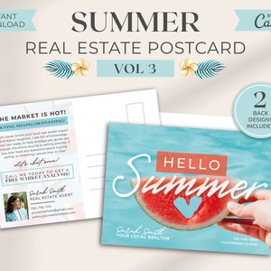 Cartolina estiva immobiliare / Marketing immobiliare / Cartolina estiva Hello Real Estate / Cartoline per agenti immobiliari / Agricoltura per agenti immobiliari / Mailer / Canva