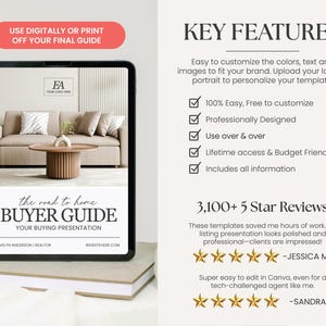 K&ouml;nnte beinhalten: Ein digitaler Tablet-PC zeigt eine Vorlage f&uuml;r einen "Buyer Guide" mit einer Wohnzimmerszene. Der Leitfaden enth&auml;lt den Text "the road to home" und "YOUR BUYING PRESENTATION". Zus&auml;tzlicher Text hebt wichtige Funktionen und 5-Sterne-Bewertungen hervor.