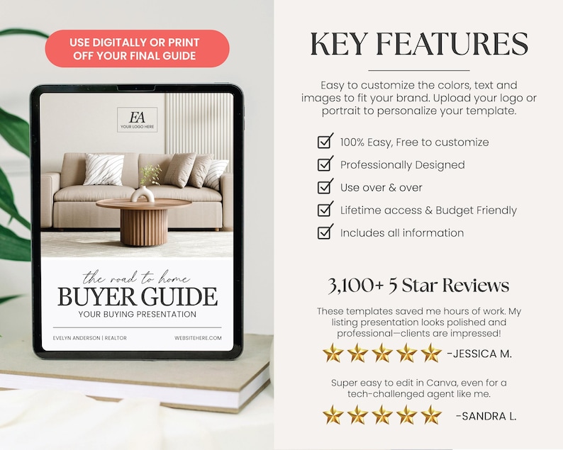 K&ouml;nnte beinhalten: Ein digitaler Tablet-PC zeigt eine Vorlage f&uuml;r einen "Buyer Guide" mit einer Wohnzimmerszene. Der Leitfaden enth&auml;lt den Text "the road to home" und "YOUR BUYING PRESENTATION". Zus&auml;tzlicher Text hebt wichtige Funktionen und 5-Sterne-Bewertungen hervor.