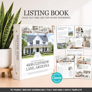 May include: A white listing book with the text "LISTING BOOK" and "WELCOME HOME" is displayed. The book features a photo of a house and the address "4608 Cliffside Lane, Arizona." Additional pages show interior photos and text. A potted plant is in the background.