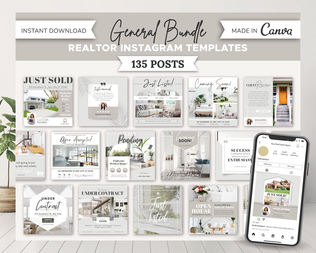 135 Realtor Instagram Posts Bundle | Real Estate Social Media Templates ...
