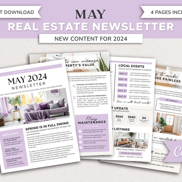 Infolettre de mai 2024 | Marketing immobilier | Bulletin de l'immobilier | Marketing par courriel | Modèle de toile | Imprimable