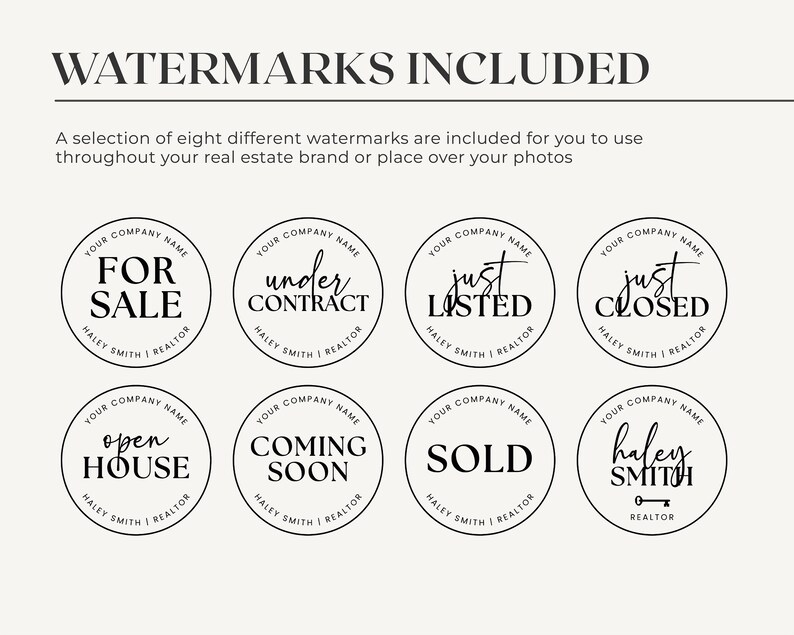 May include: Eight black and white circular watermarks with text for real estate agents. The watermarks include "For Sale", "Under Contract", "Just Listed", "Just Closed", "Open House", "Coming Soon", "Sold", and "Haley Smith Realtor".