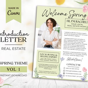 Folleto de bienes raíces de primavera / Carta de hola vecino para agentes inmobiliarios / Carta de presentación del agente / Folleto para nuevos agentes / Marketing de primavera para agentes inmobiliarios / Canva