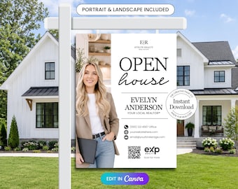 Real Estate For Sale Yard Sign | Open House Directional Sign | Real Estate Sold Sign | Property Sign | Editable Realtor Canva Template